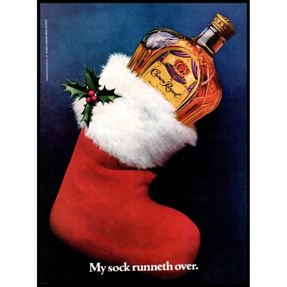 1982 Crown Royal Canadian Whiskey Christmas Stocking Vintage Print Ad Wall Art